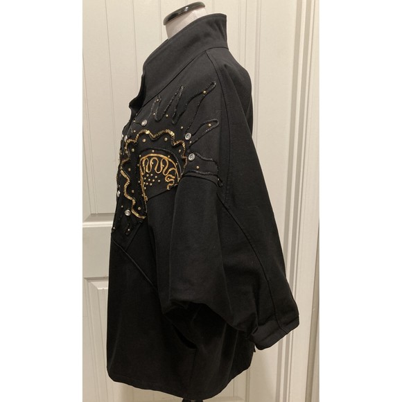 Vtg Pado California Oversize Jeweled Black Denim Jacket Batwing SZ M 90’s - Picture 2 of 15